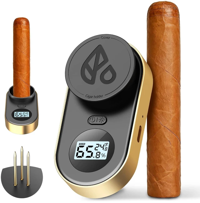 Main image of Digital Cigar Hygrometer, 3-Probe Moisture Meter, Gold | Core and ambient sensing, 70% color alert, rechargeable battery, Type-C charging, holder, pouch and cable