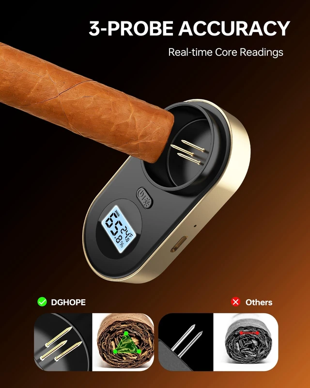 Alt view image 3 of 7 - Digital Cigar Hygrometer, 3-Probe Moisture Meter, Gold | Core and ambient sensing, 70% color alert, rechargeable battery, Type-C charging, holder, pouch and cable