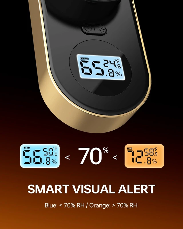 Alt view image 4 of 7 - Digital Cigar Hygrometer, 3-Probe Moisture Meter, Gold | Core and ambient sensing, 70% color alert, rechargeable battery, Type-C charging, holder, pouch and cable