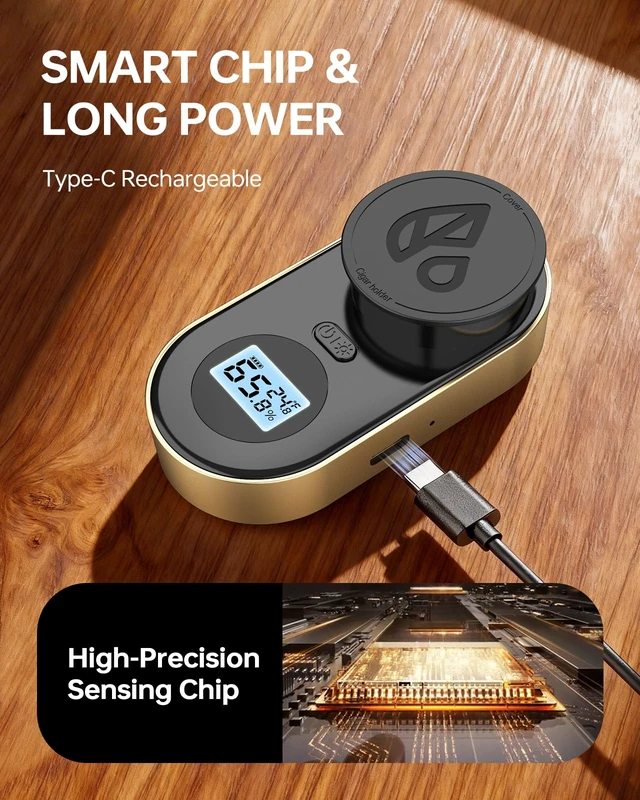 Alt view image 6 of 7 - Digital Cigar Hygrometer, 3-Probe Moisture Meter, Gold | Core and ambient sensing, 70% color alert, rechargeable battery, Type-C charging, holder, pouch and cable