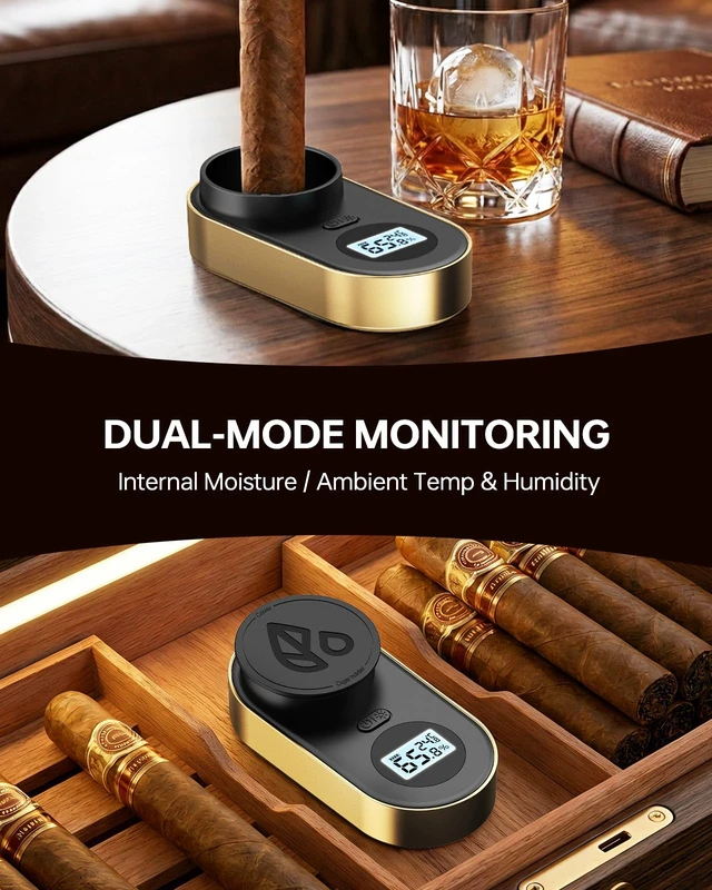 Alt view image 5 of 7 - Digital Cigar Hygrometer, 3-Probe Moisture Meter, Gold | Core and ambient sensing, 70% color alert, rechargeable battery, Type-C charging, holder, pouch and cable