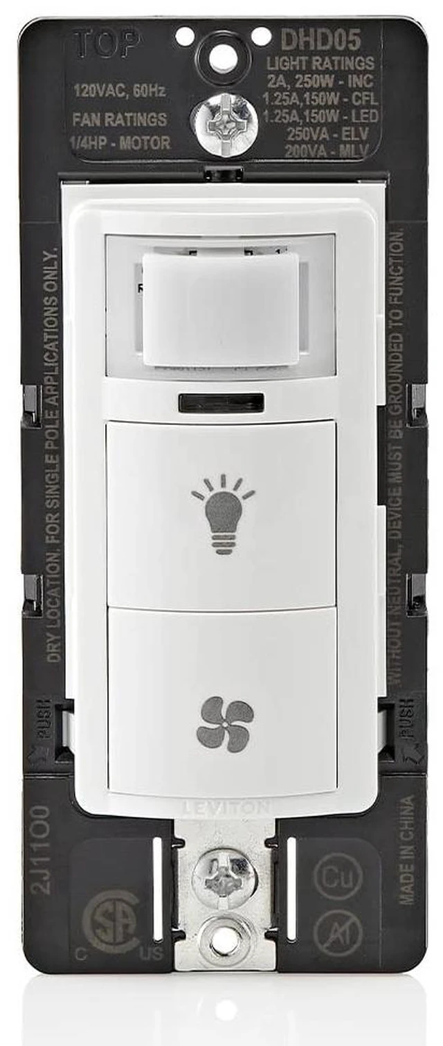 Main image of Dual Combination Humidity Sensor with Separate Light Switch, Automate Bathroom Exhaust Fan, Air Circulation, Moisture Control, Single Pole/Single Pole, ¼ HP, DHD05-1LW, White
