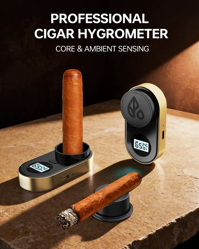 Alt view image 2 of 7 - Digital Cigar Hygrometer, 3-Probe Moisture Meter, Gold | Core and ambient sensing, 70% color alert, rechargeable battery, Type-C charging, holder, pouch and cable