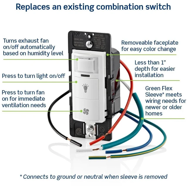 Alt view image 6 of 7 - Dual Combination Humidity Sensor with Separate Light Switch, Automate Bathroom Exhaust Fan, Air Circulation, Moisture Control, Single Pole/Single Pole, ¼ HP, DHD05-1LW, White