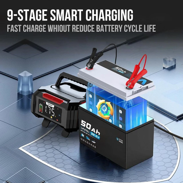 Alt view image 5 of 7 - 15A Battery Charger, Trickle Charger 12V/24V Car Battery Charger 9-Stage Smart LiFePO4 Charger Battery Maintainer w/Overcharge Protection Pulse Repair for Car Truck Motorcycle Lawn Mower