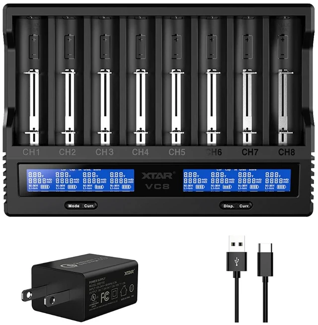 Main image of 8 Slots 18650 Battery Charger VC8 Charger USB C 3A Fast Charger 21700 Battery Charger with LCD Display for 3.6V 3.7V Li-ion 10440 18700 26650 1.2V Ni-MH AA AAA C Full Set with QC3.0 Wall Charger
