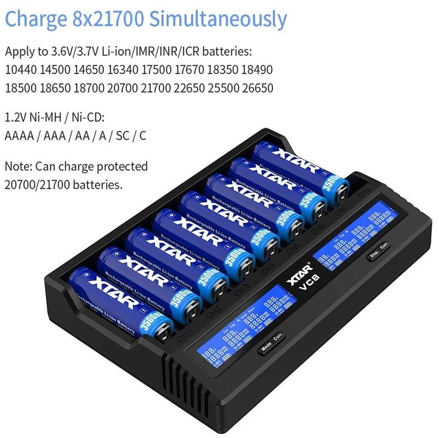 Alt view image 2 of 7 - 8 Slots 18650 Battery Charger VC8 Charger USB C 3A Fast Charger 21700 Battery Charger with LCD Display for 3.6V 3.7V Li-ion 10440 18700 26650 1.2V Ni-MH AA AAA C Full Set with QC3.0 Wall Charger