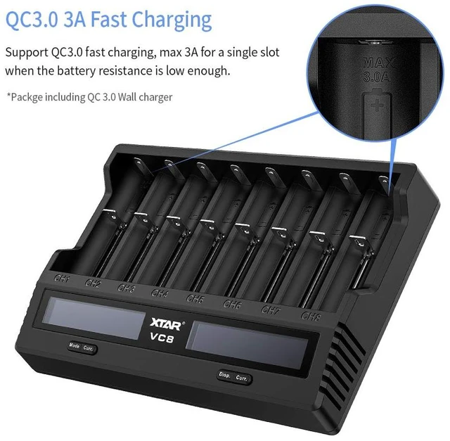 Alt view image 3 of 7 - 8 Slots 18650 Battery Charger VC8 Charger USB C 3A Fast Charger 21700 Battery Charger with LCD Display for 3.6V 3.7V Li-ion 10440 18700 26650 1.2V Ni-MH AA AAA C Full Set with QC3.0 Wall Charger