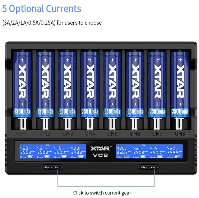 Alt view image 4 of 7 - 8 Slots 18650 Battery Charger VC8 Charger USB C 3A Fast Charger 21700 Battery Charger with LCD Display for 3.6V 3.7V Li-ion 10440 18700 26650 1.2V Ni-MH AA AAA C Full Set with QC3.0 Wall Charger