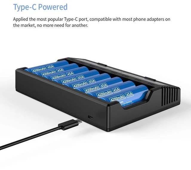 Alt view image 5 of 7 - 8 Slots 18650 Battery Charger VC8 Charger USB C 3A Fast Charger 21700 Battery Charger with LCD Display for 3.6V 3.7V Li-ion 10440 18700 26650 1.2V Ni-MH AA AAA C Full Set with QC3.0 Wall Charger