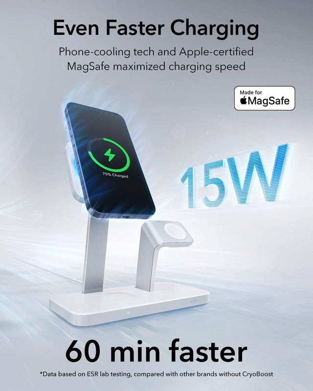 Alt view image 2 of 7 - 25W 3-in-1 Charger Stand for Magsafe, Made for Apple-Certified | for Magsafe Charger Stand with Cryoboost, Magnetic Charging Station for iPhone Duo/18 Pro/17-12/Apple Watch/AirPods Pro,White