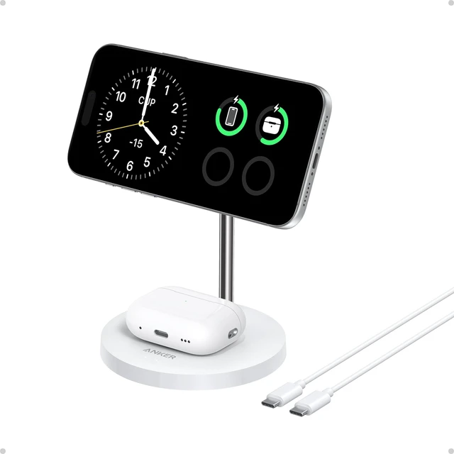 Main image of MagGo 2-in-1 MagSafe Compatible Qi2 15W Wireless Charging Stand | Qi2 Certified, Fast Charging, Wireless Charger for iPhone 17, AirPods Pro, and More (White, Adapter Not Included)