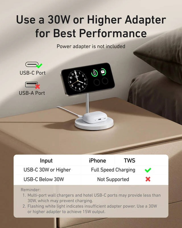 Alt view image 3 of 6 - MagGo 2-in-1 MagSafe Compatible Qi2 15W Wireless Charging Stand | Qi2 Certified, Fast Charging, Wireless Charger for iPhone 17, AirPods Pro, and More (White, Adapter Not Included)