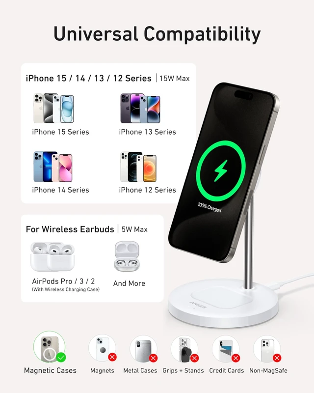 Alt view image 6 of 6 - MagGo 2-in-1 MagSafe Compatible Qi2 15W Wireless Charging Stand | Qi2 Certified, Fast Charging, Wireless Charger for iPhone 17, AirPods Pro, and More (White, Adapter Not Included)