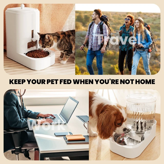 Alt view image 7 of 7 - Automatic Cat Feeder Water Dispenser Set with Stainless Steel Bowls | Dog Water Bowl Dispenser Adjustable Water Dispensing, Auto Pet Waterer for Cats and Dogs