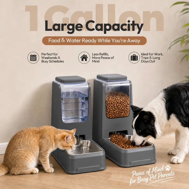 Alt view image 2 of 7 - Automatic Cat Feeder and Water Dispenser Set with Stainless Steel Bowls, Gravity Dog Food and Waterer Large Capacity Pet Feeder for Small Medium Kitty Puppy, Gray