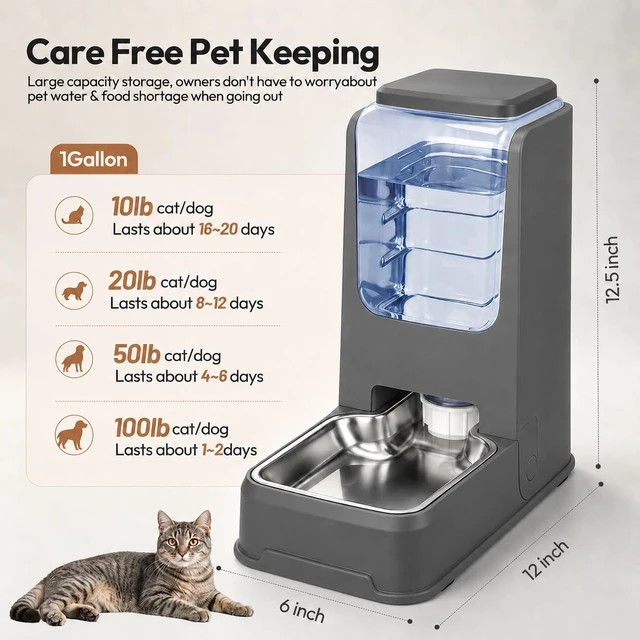 Alt view image 3 of 7 - Automatic Cat Feeder and Water Dispenser Set with Stainless Steel Bowls, Gravity Dog Food and Waterer Large Capacity Pet Feeder for Small Medium Kitty Puppy, Gray