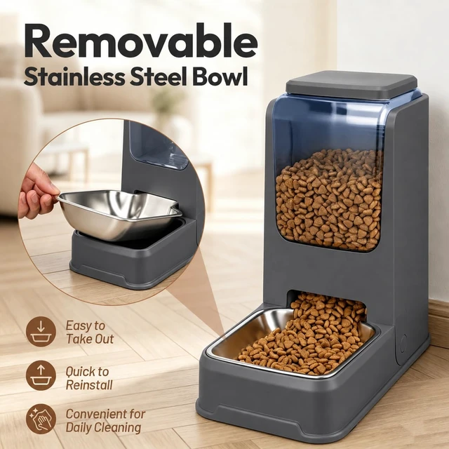 Alt view image 5 of 7 - Automatic Cat Feeder and Water Dispenser Set with Stainless Steel Bowls, Gravity Dog Food and Waterer Large Capacity Pet Feeder for Small Medium Kitty Puppy, Gray