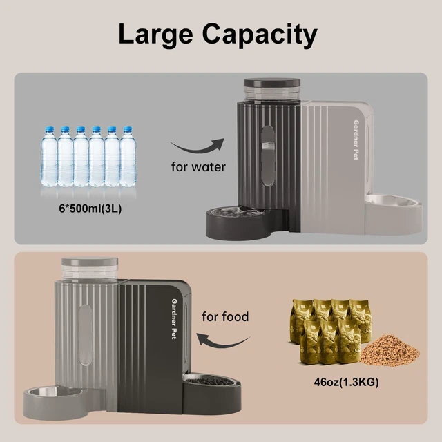 Alt view image 3 of 5 - Gravity Automatic 2-in-1 Pet Feeder, 0.8 Gallons*2 Cat Feeder and Water Dispenser Set, 100% BPA-Free and Stainless Steel Water Bowl for Dogs, Cats, Rabbits, Puppies (Black)
