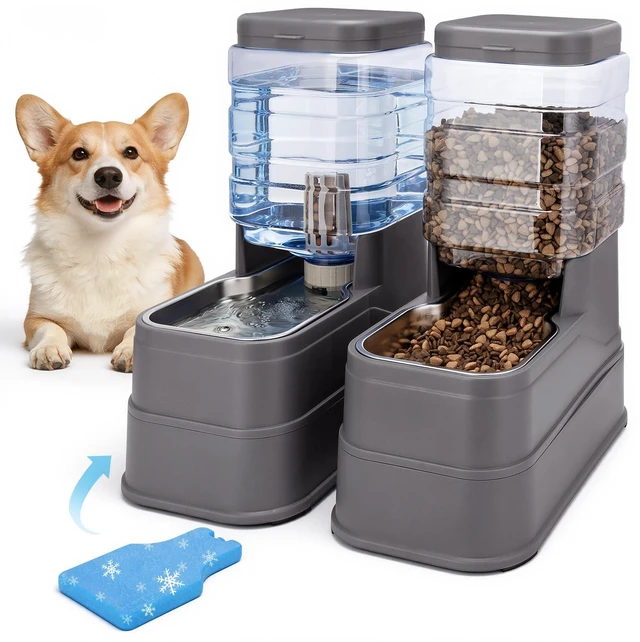 Main image of Automatic Cat Feeder and Water Dispenser with Stainless Steel Bowl with Ice Pack Gravity Food Feeder and Waterer Set Feeding Raised Bowls with Filter for Dog 1.3 Gallon x 2(Grey)