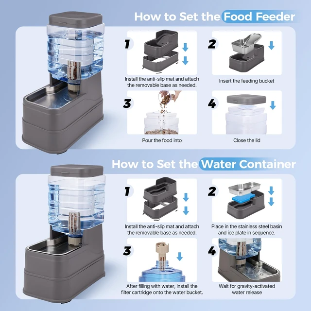Alt view image 2 of 7 - Automatic Cat Feeder and Water Dispenser with Stainless Steel Bowl with Ice Pack Gravity Food Feeder and Waterer Set Feeding Raised Bowls with Filter for Dog 1.3 Gallon x 2(Grey)