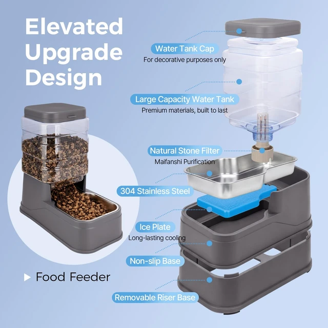 Alt view image 3 of 7 - Automatic Cat Feeder and Water Dispenser with Stainless Steel Bowl with Ice Pack Gravity Food Feeder and Waterer Set Feeding Raised Bowls with Filter for Dog 1.3 Gallon x 2(Grey)