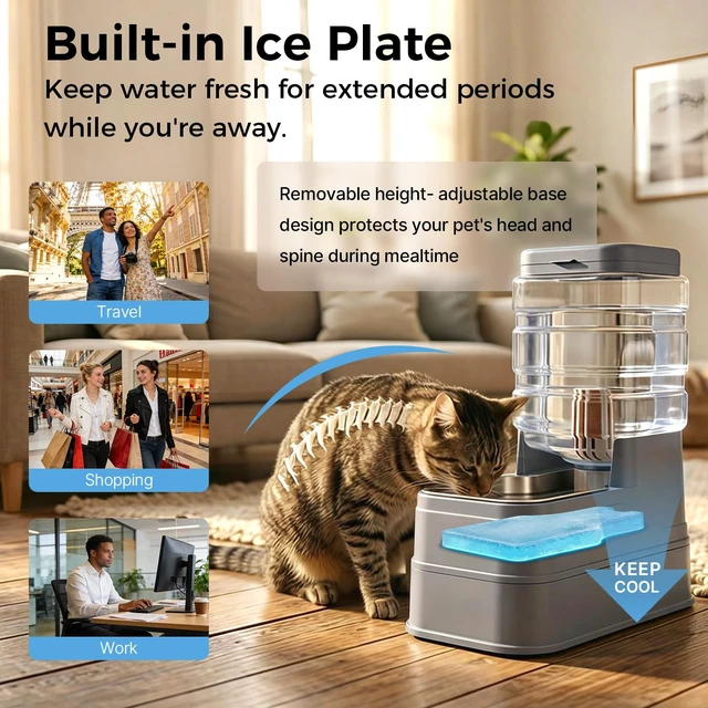 Alt view image 4 of 7 - Automatic Cat Feeder and Water Dispenser with Stainless Steel Bowl with Ice Pack Gravity Food Feeder and Waterer Set Feeding Raised Bowls with Filter for Dog 1.3 Gallon x 2(Grey)