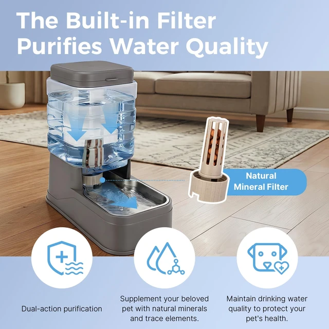 Alt view image 5 of 7 - Automatic Cat Feeder and Water Dispenser with Stainless Steel Bowl with Ice Pack Gravity Food Feeder and Waterer Set Feeding Raised Bowls with Filter for Dog 1.3 Gallon x 2(Grey)