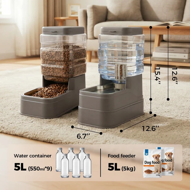 Alt view image 6 of 7 - Automatic Cat Feeder and Water Dispenser with Stainless Steel Bowl with Ice Pack Gravity Food Feeder and Waterer Set Feeding Raised Bowls with Filter for Dog 1.3 Gallon x 2(Grey)