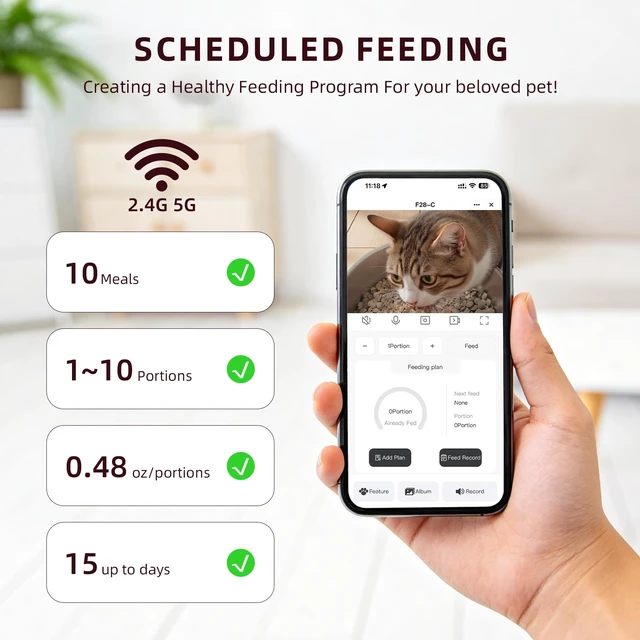 Alt view image 6 of 7 - Automatic Cat Feeder with Camera 5G WiFi Timed Cat Food Dispenser, 4L Clog-Free Smart App Control Pet Feeder, 1080P HD Video with Night Vision Healthy Feeding for Small Pets Indoor