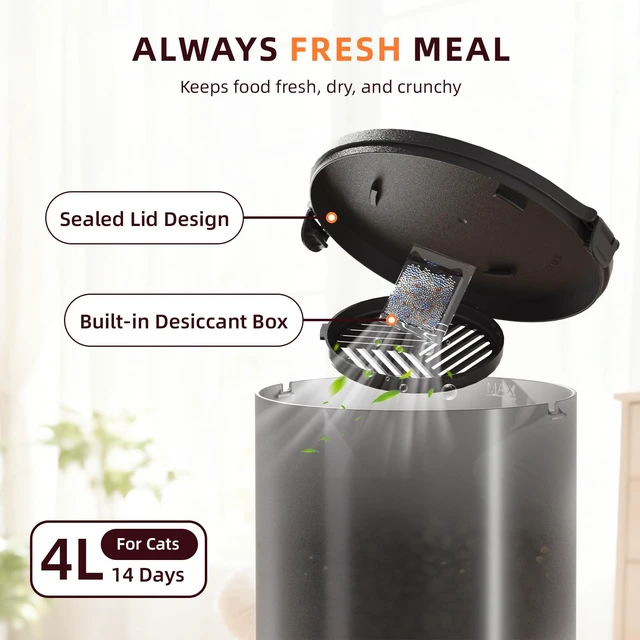 Alt view image 7 of 7 - Automatic Cat Feeder with Camera 5G WiFi Timed Cat Food Dispenser, 4L Clog-Free Smart App Control Pet Feeder, 1080P HD Video with Night Vision Healthy Feeding for Small Pets Indoor