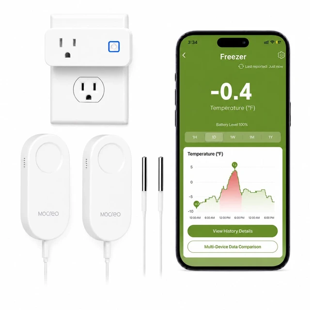 Main image of WiFi Refrigerator Thermometer with Freezer Alarm, App Email Buzzer Alerts, Power Outage Alert, Pass-Through Outlet Hub, 2 Sensors, Ultra-Flat Probe, Remote Temperature Monitor for Home Kitchen