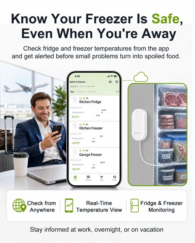 Alt view image 2 of 7 - WiFi Refrigerator Thermometer with Freezer Alarm, App Email Buzzer Alerts, Power Outage Alert, Pass-Through Outlet Hub, 2 Sensors, Ultra-Flat Probe, Remote Temperature Monitor for Home Kitchen