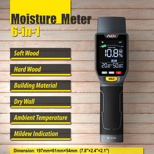 Alt view image 3 of 7 - 6 in 1 Non-invasive Moisture Meter Pinless Humidity Sensor Drywall/Gypsum Board/Cement Board/Cork/Hardwood/Mildew Index