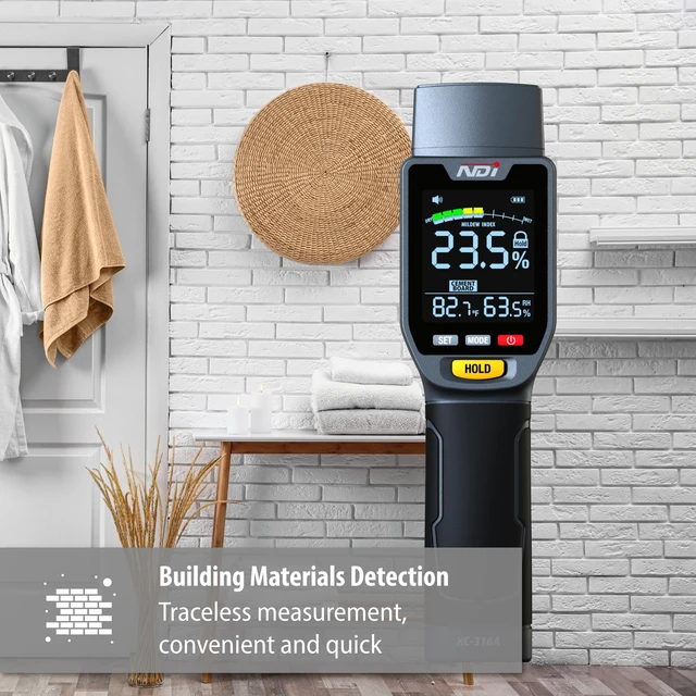 Alt view image 6 of 7 - 6 in 1 Non-invasive Moisture Meter Pinless Humidity Sensor Drywall/Gypsum Board/Cement Board/Cork/Hardwood/Mildew Index