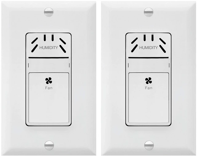 Main image of Humidity Sensor Fan Switch for Ventilation with Wall Plate | Automatically turns fan on/off based on humidity levels. Neutral wire required. UL listed. White, 2 Pack