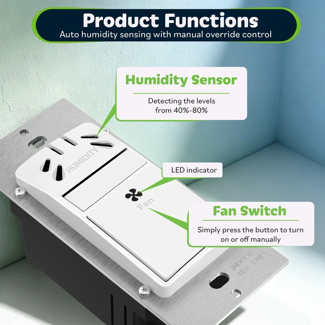 Alt view image 3 of 7 - Humidity Sensor Fan Switch for Ventilation with Wall Plate | Automatically turns fan on/off based on humidity levels. Neutral wire required. UL listed. White, 2 Pack