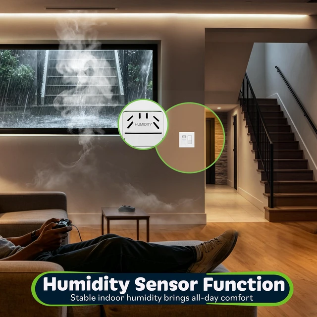 Alt view image 7 of 7 - Humidity Sensor Fan Switch for Ventilation with Wall Plate | Automatically turns fan on/off based on humidity levels. Neutral wire required. UL listed. White, 2 Pack