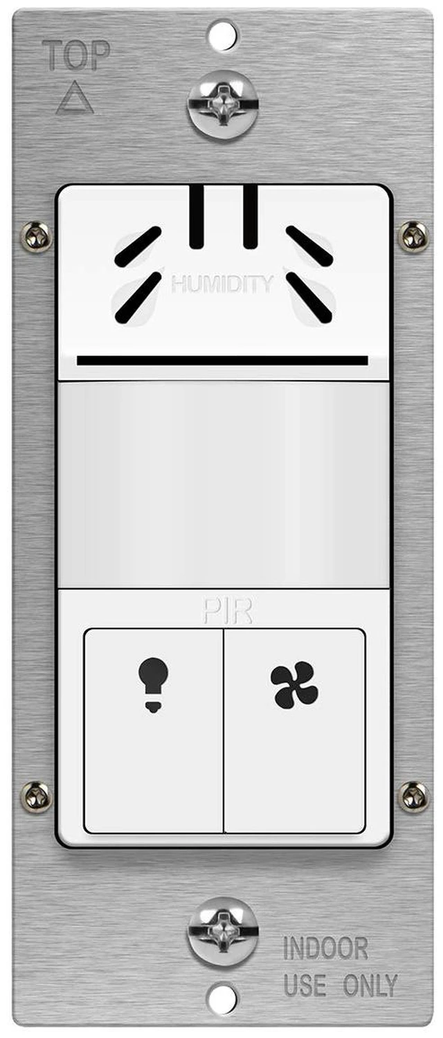 Main image of Dual Tech Humidity Motion Sensor Switch for Bathroom Fan & Light | PIR + humidity sensors automate fan/light. Adjustable timing & humidity levels. Neutral wire required. UL listed. White