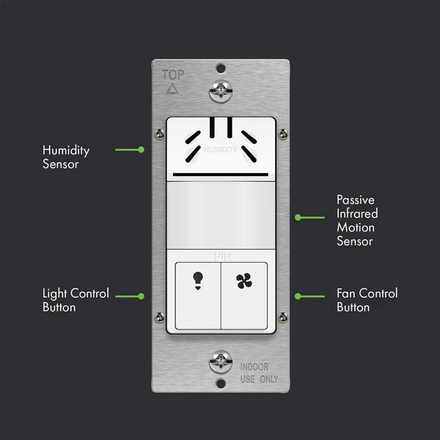 Alt view image 2 of 7 - Dual Tech Humidity Motion Sensor Switch for Bathroom Fan & Light | PIR + humidity sensors automate fan/light. Adjustable timing & humidity levels. Neutral wire required. UL listed. White