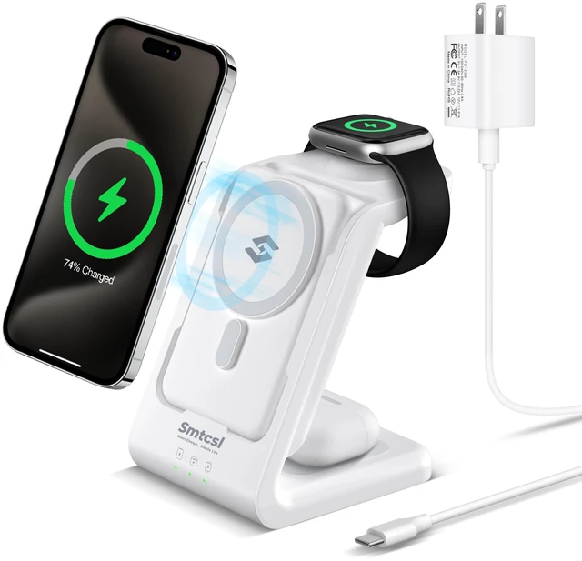 Main image of 3 in 1 Wireless Charging Station: 10000mAh Removable Power Bank Charger Stand for Phone/Watch/Air Pods - Portable Magnetic Battery Pack for Air 17 16 15 14 13 12 Series White
