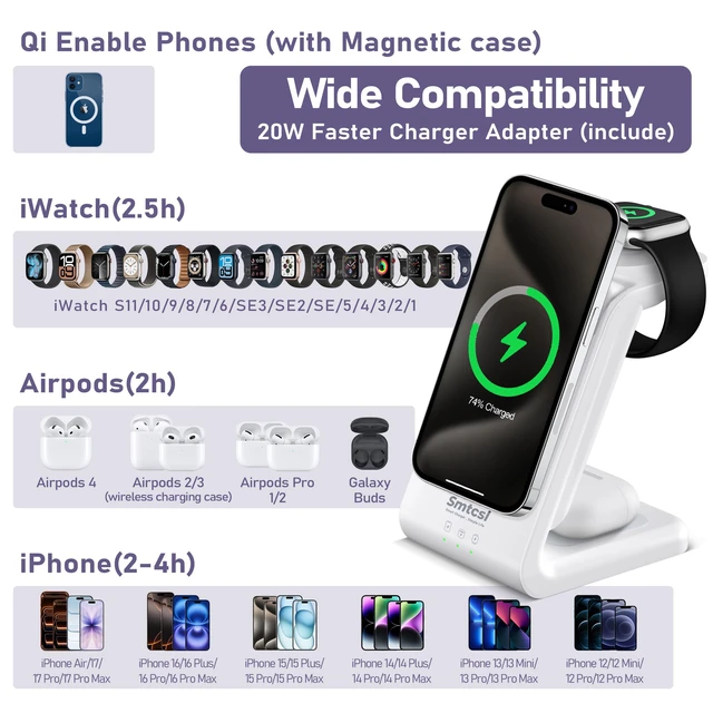 Alt view image 2 of 7 - 3 in 1 Wireless Charging Station: 10000mAh Removable Power Bank Charger Stand for Phone/Watch/Air Pods - Portable Magnetic Battery Pack for Air 17 16 15 14 13 12 Series White