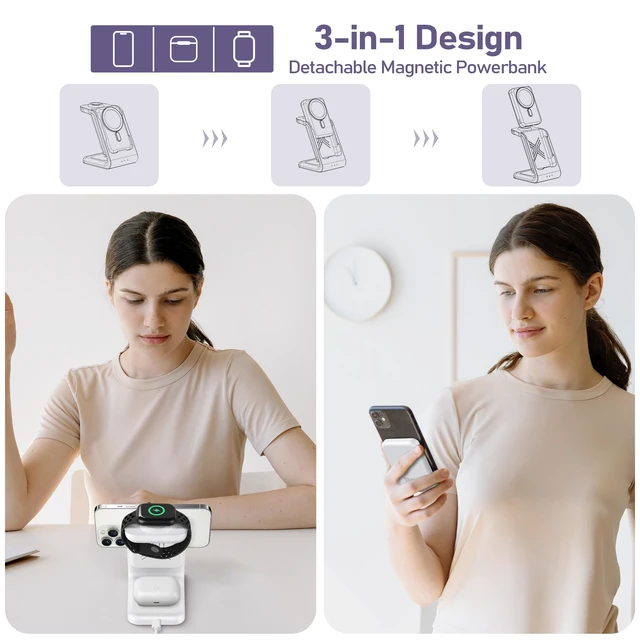 Alt view image 3 of 7 - 3 in 1 Wireless Charging Station: 10000mAh Removable Power Bank Charger Stand for Phone/Watch/Air Pods - Portable Magnetic Battery Pack for Air 17 16 15 14 13 12 Series White