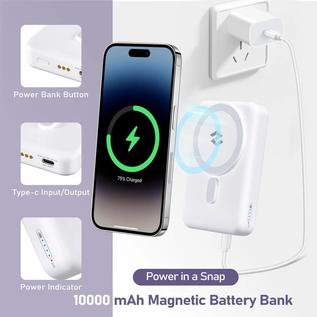 Alt view image 4 of 7 - 3 in 1 Wireless Charging Station: 10000mAh Removable Power Bank Charger Stand for Phone/Watch/Air Pods - Portable Magnetic Battery Pack for Air 17 16 15 14 13 12 Series White