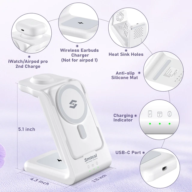 Alt view image 6 of 7 - 3 in 1 Wireless Charging Station: 10000mAh Removable Power Bank Charger Stand for Phone/Watch/Air Pods - Portable Magnetic Battery Pack for Air 17 16 15 14 13 12 Series White