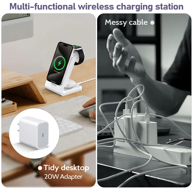Alt view image 7 of 7 - 3 in 1 Wireless Charging Station: 10000mAh Removable Power Bank Charger Stand for Phone/Watch/Air Pods - Portable Magnetic Battery Pack for Air 17 16 15 14 13 12 Series White