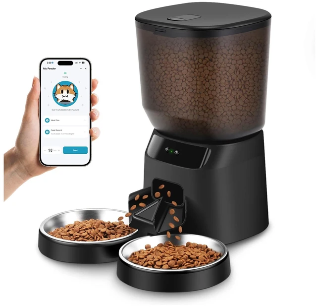 Main image of Automatic Cat Feeders WiFi for Two Cats, 5L/20 Cups Double Automatic Cat Food Dispenser with APP Control, 2 Stainless Bowls, Timer Setting 20 Portions 10 Meals Per Day