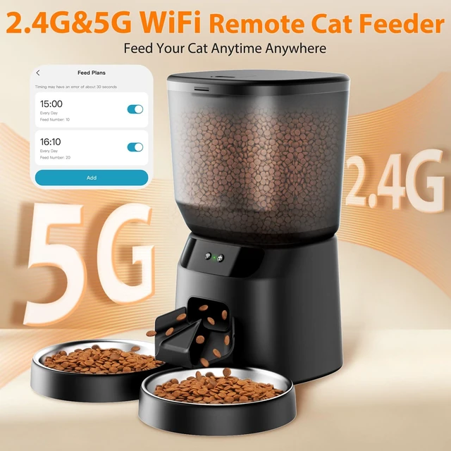 Alt view image 2 of 7 - Automatic Cat Feeders WiFi for Two Cats, 5L/20 Cups Double Automatic Cat Food Dispenser with APP Control, 2 Stainless Bowls, Timer Setting 20 Portions 10 Meals Per Day