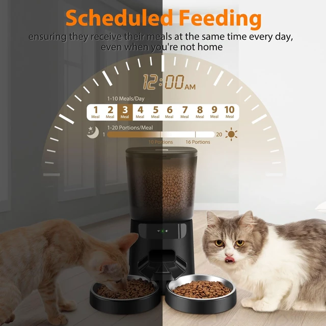 Alt view image 3 of 7 - Automatic Cat Feeders WiFi for Two Cats, 5L/20 Cups Double Automatic Cat Food Dispenser with APP Control, 2 Stainless Bowls, Timer Setting 20 Portions 10 Meals Per Day