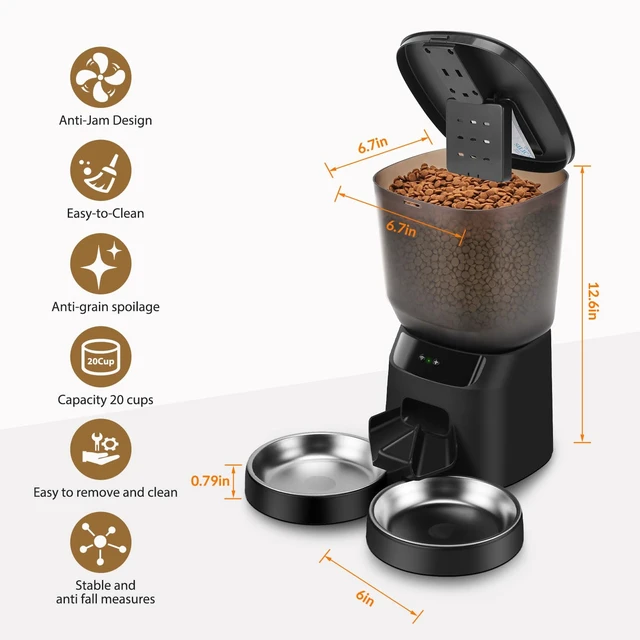 Alt view image 5 of 7 - Automatic Cat Feeders WiFi for Two Cats, 5L/20 Cups Double Automatic Cat Food Dispenser with APP Control, 2 Stainless Bowls, Timer Setting 20 Portions 10 Meals Per Day